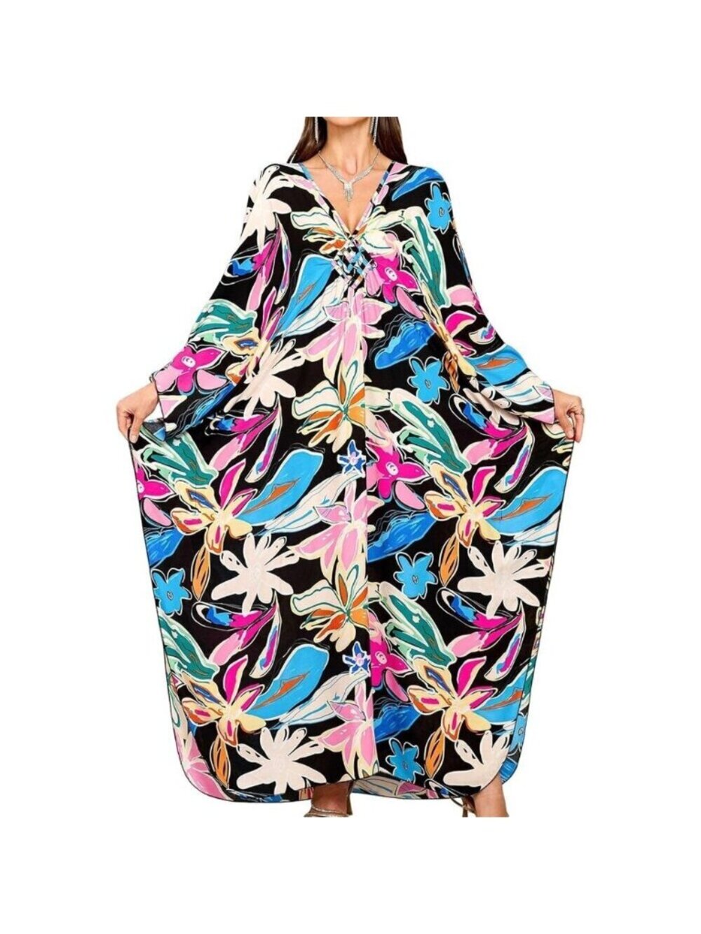 Women's Colourful Flowers V-Neck Batwing Sleeves Summer Cover Up Kaftan Dress